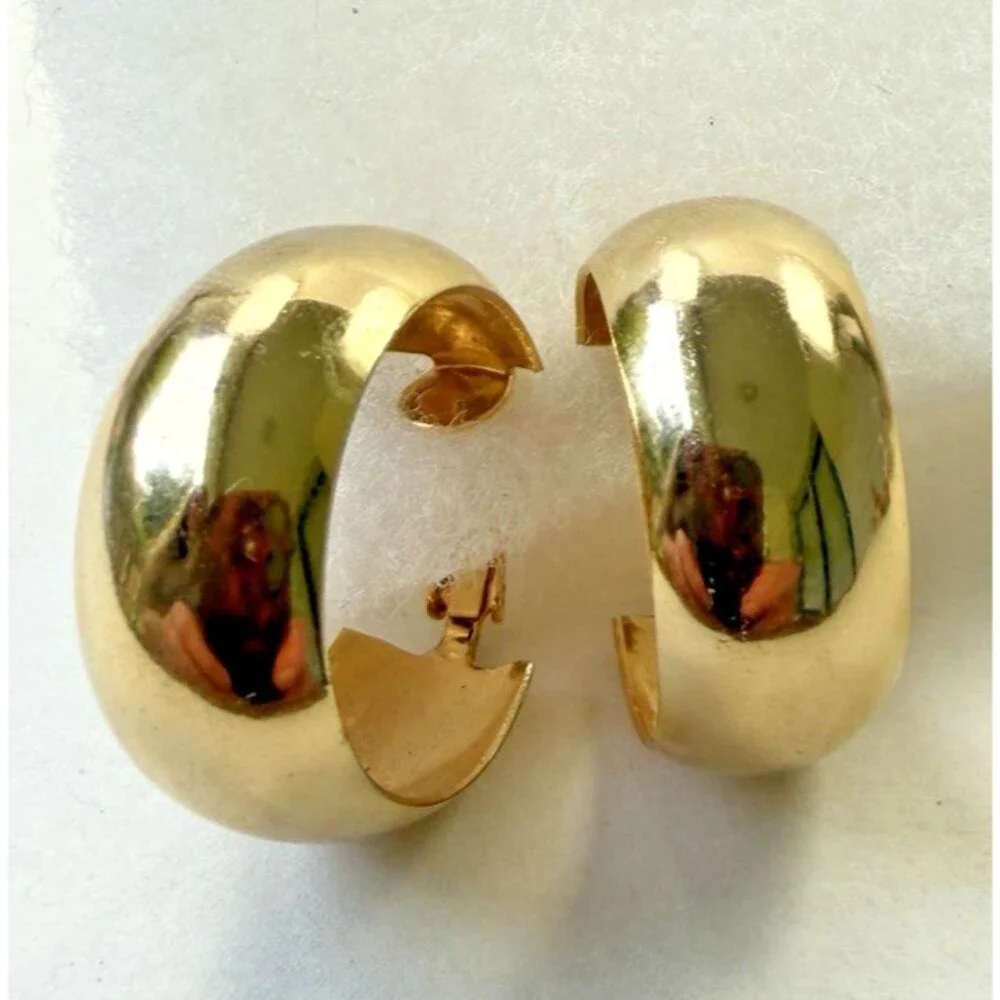Vintage 1980s Gold Tone Chunky Hoop Clip On Earrings Wide Domed Statement Retro